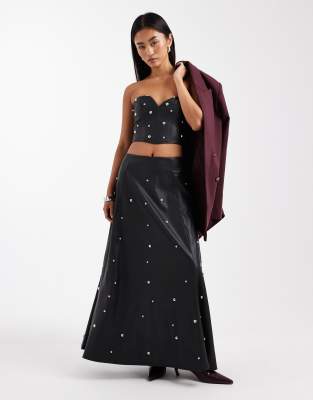 Miss Selfridge Miss Selfridge faux leather studded maxi skirt in black