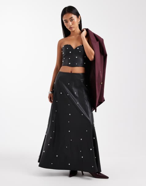 Miss Selfridge faux leather studded maxi skirt in black - view 1