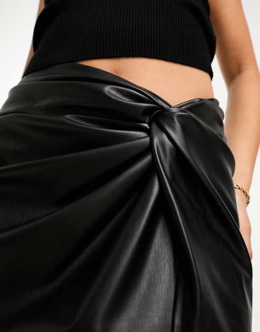 Faux Leather Tie Wrap Midi Skirt