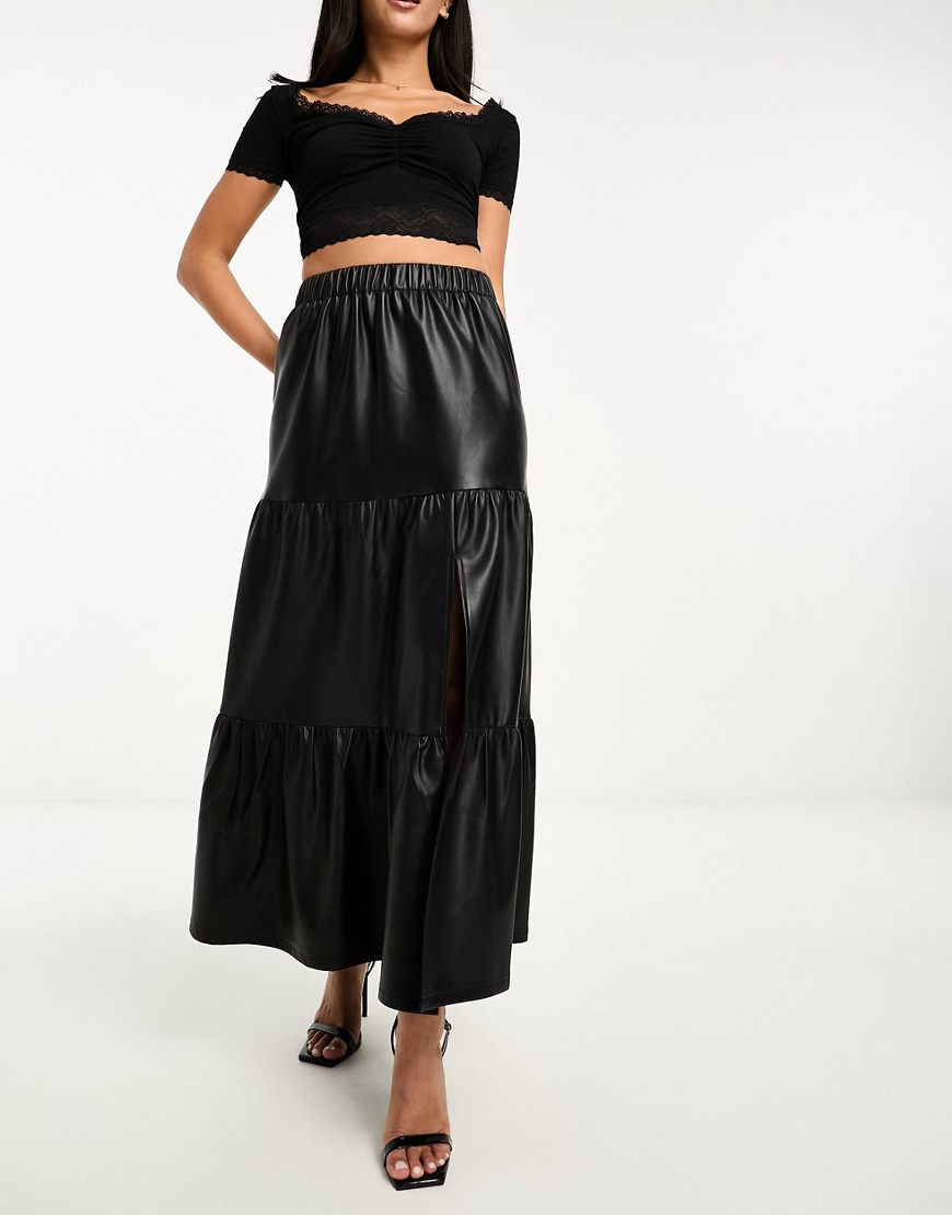 Miss Selfridge faux leather tiered maxi skirt in black