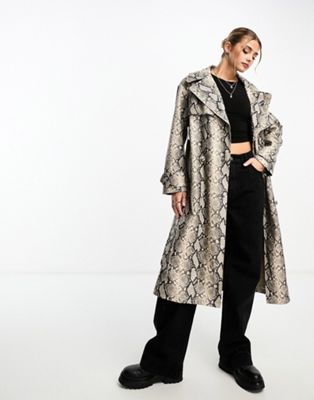 Miss Selfridge faux leather trench coat in snake print - ASOS Price Checker