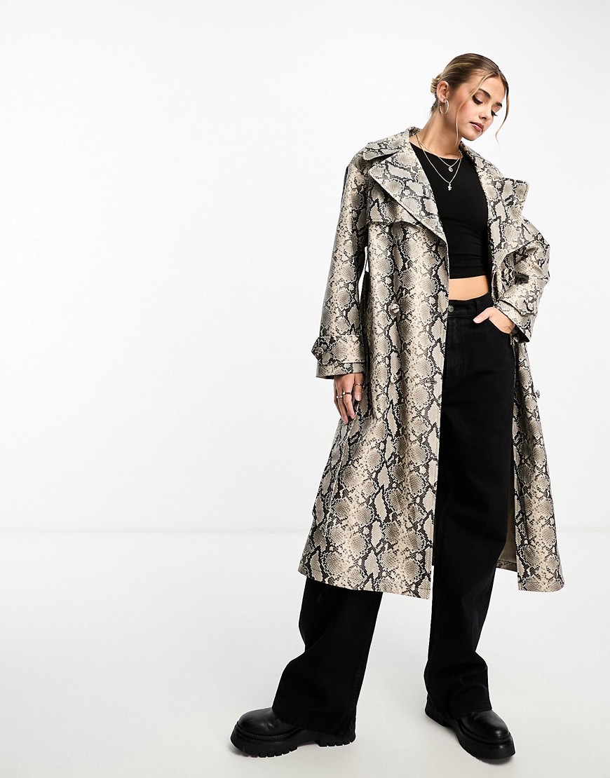 Miss Selfridge faux leather trench coat in snake print-Multi