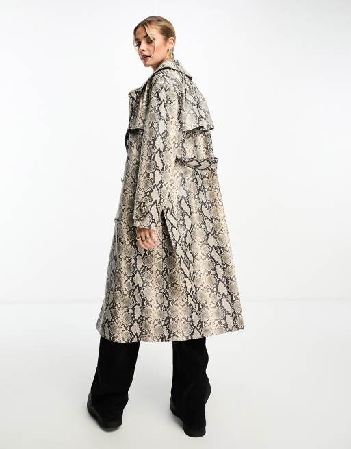 Miss Selfridge faux leather trench coat in snake print