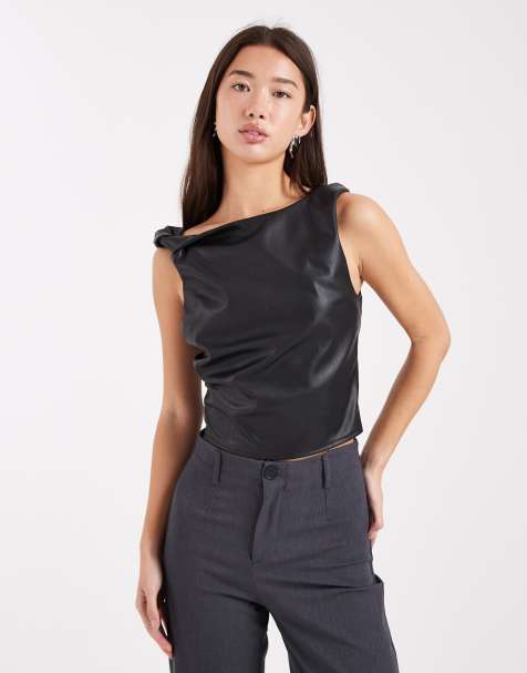Miss Selfridge faux leather twist top in black
