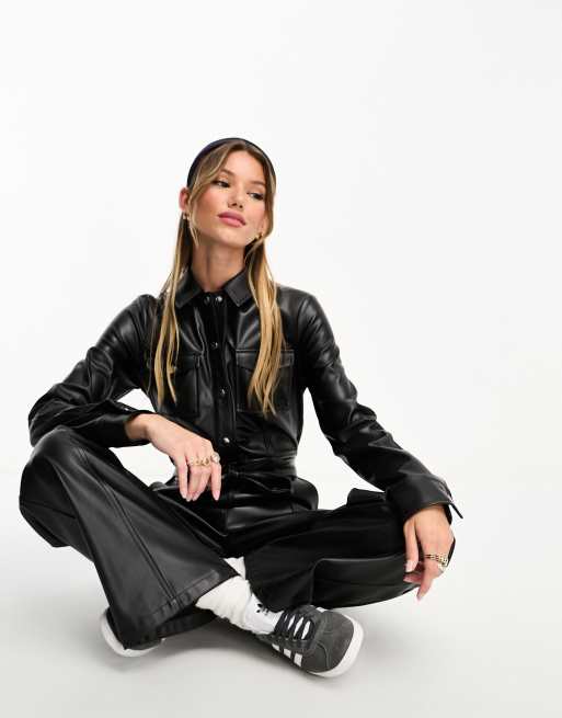 Miss Selfridge faux leather utility boilersuit in black