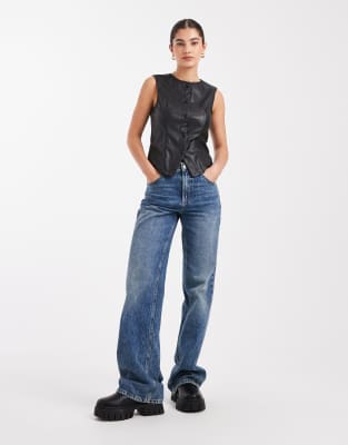 Miss Selfridge Faux Leather Vest In Blue