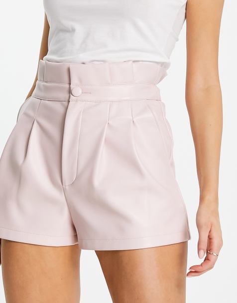 Miss Selfridge faux leather waist detail shorts in pink - view 1