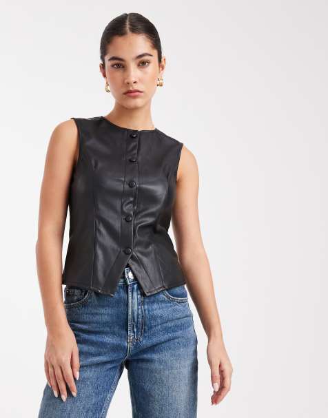 Miss Selfridge faux leather waistcoat in black - view 1