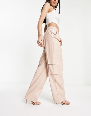 Miss Selfridge faux leather wide leg cargo trouser in taupe