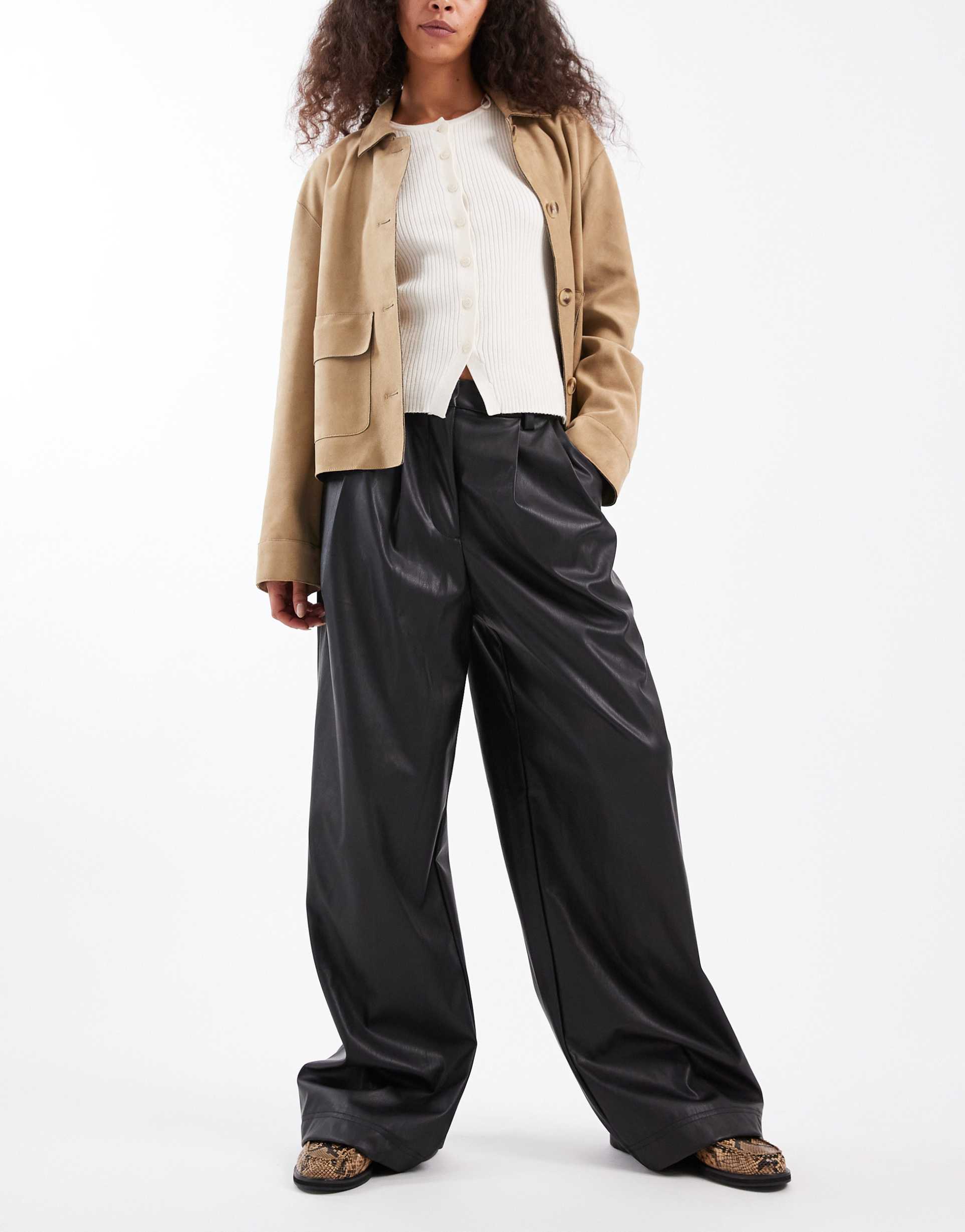 miss selfridge faux leather wide leg pants in black
