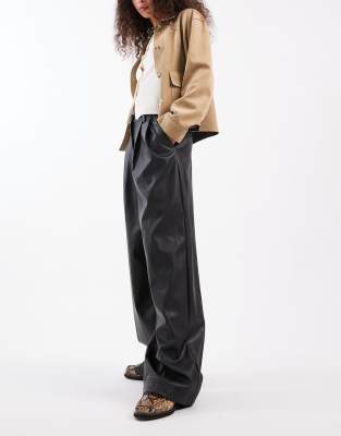 Miss Selfridge Faux Leather Wide Leg Pants In Black