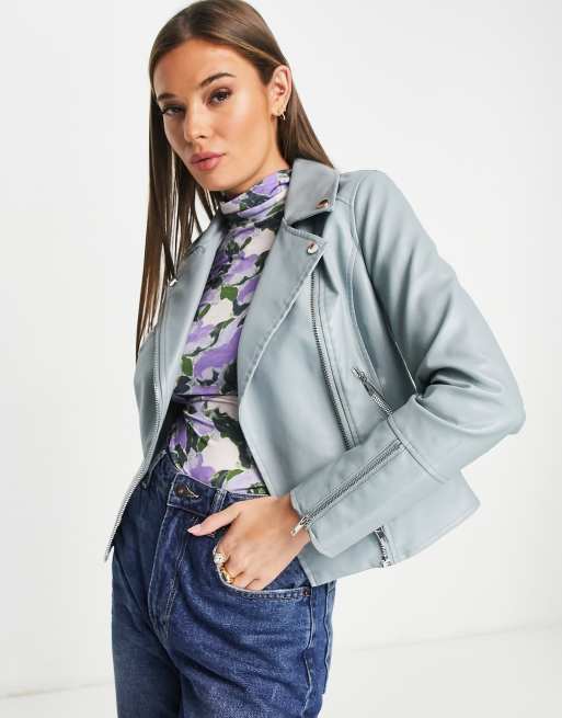 Blue faux leather sale biker jacket