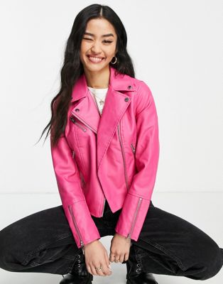 Miss Selfridge faux leather zip front biker jacket in fuschia-Pink
