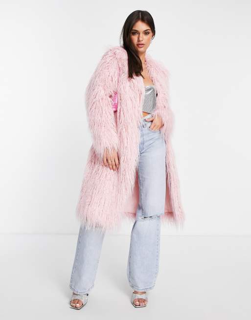 Miss Selfridge faux mongolian longline coat in light pink