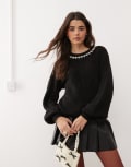 [Miss Selfridge] Miss Selfridge faux pearl and diamante neck trim cable knit jumper in black XS BLACK