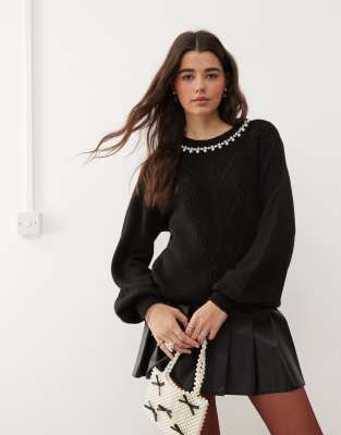 faux pearl and diamante neck trim cable knit sweater in black