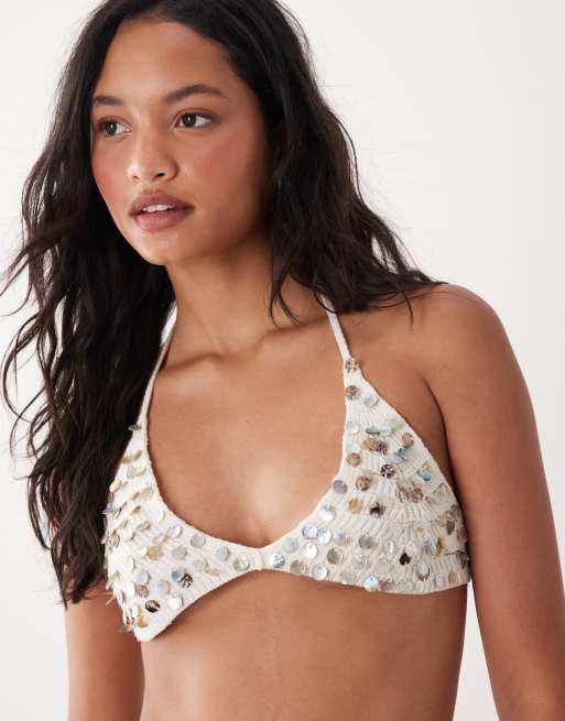 Miss Selfridge faux shell triangle bra top in cream, 4 of 4