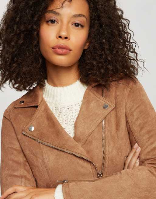 Faux Suede Biker Jacket In Tan