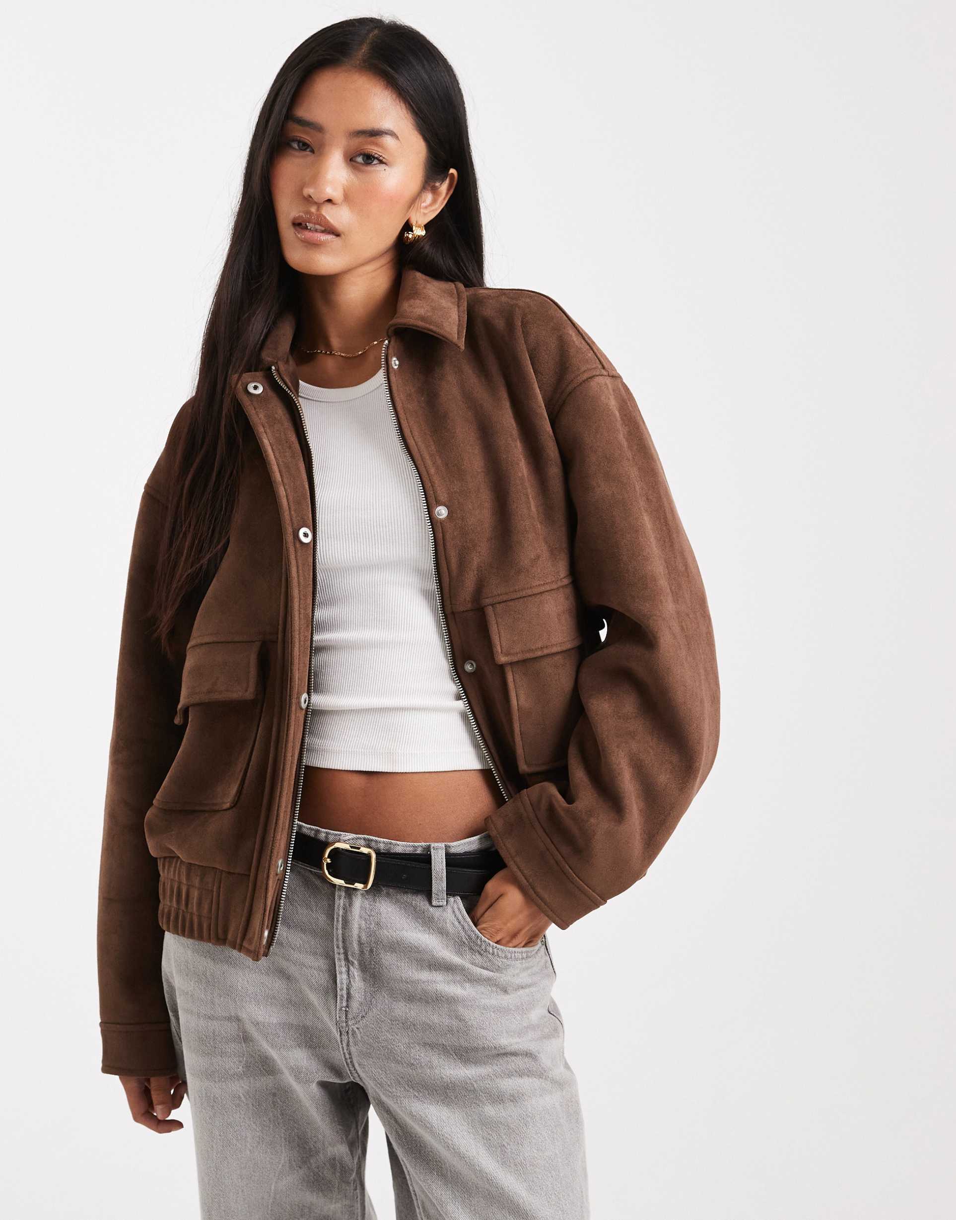 miss selfridge faux suede bomber jacket in chocolate