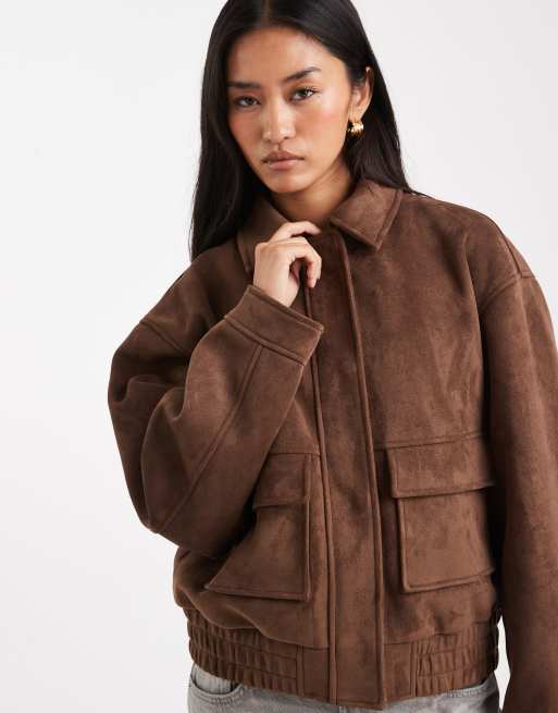 Miss Selfridge faux suede bomber jacket in chocolate