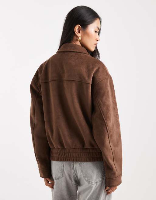 Miss Selfridge faux suede bomber jacket in chocolate