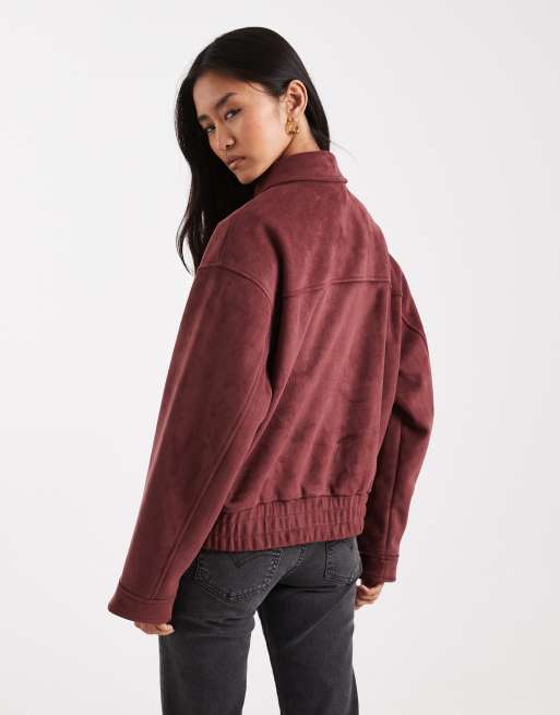 Miss Selfridge faux-suede bomber jacket in plum, 4 of 4