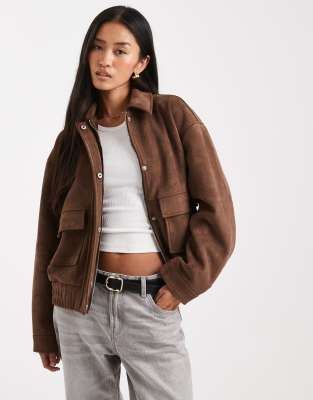 Miss Selfridge Faux Suede Bomber Jacket In Brown
