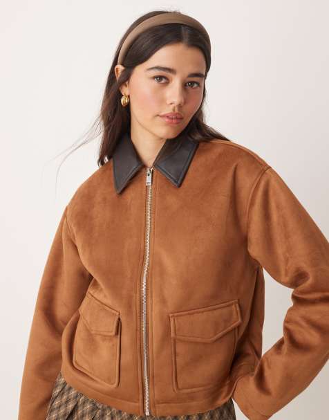 Miss Selfridge faux suede contrast collar barn jacket in tan - view 1