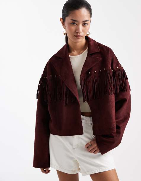 Miss Selfridge faux suede cropped fringed stud trim jacket in plum - view 1