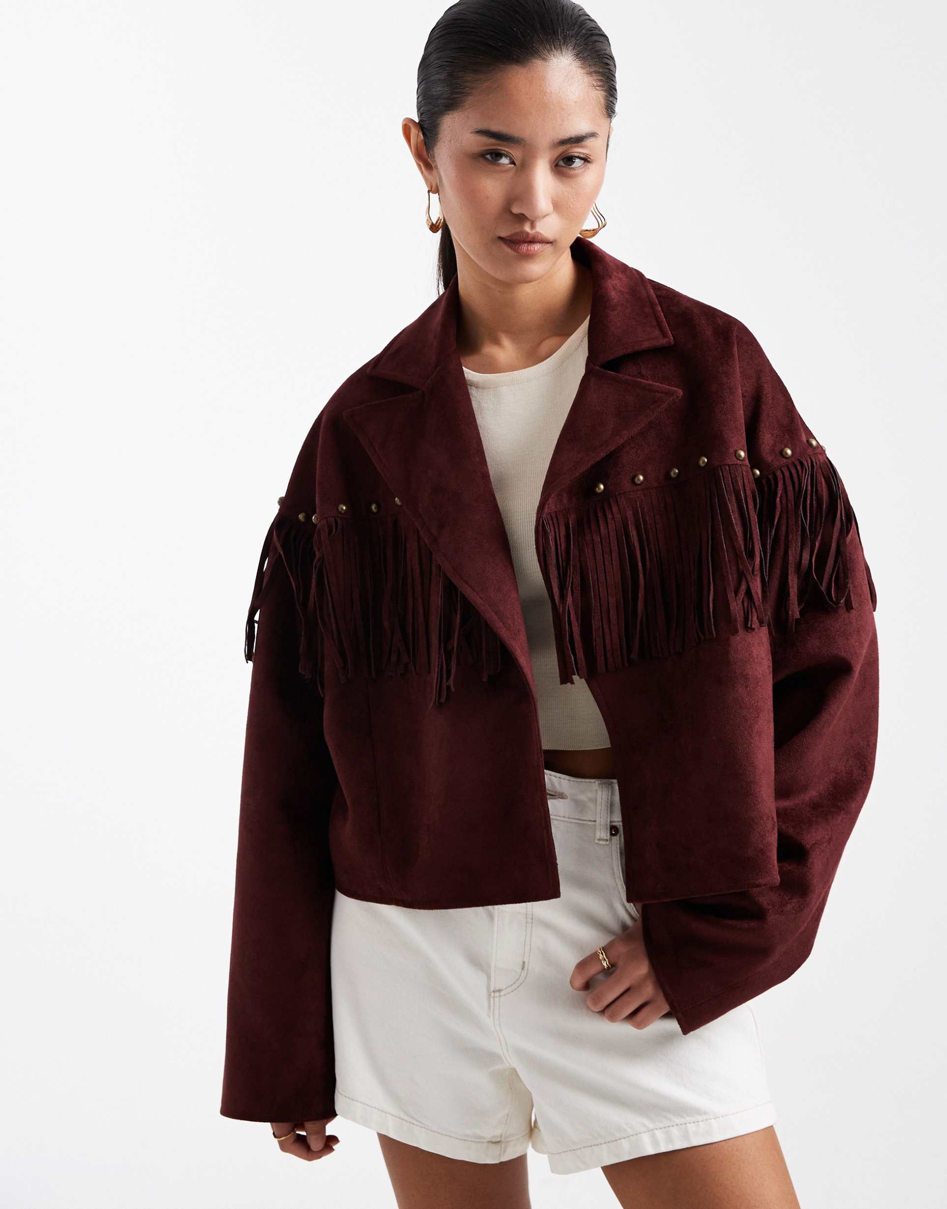 miss selfridge faux suede cropped fringed stud trim jacket in plum