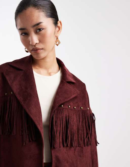 Miss Selfridge faux suede cropped fringed stud trim jacket in plum, 3 of 4