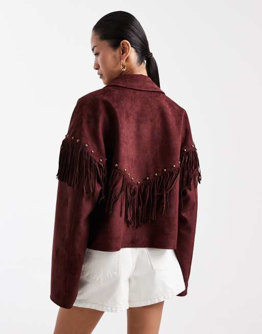 Miss Selfridge faux suede cropped fringed stud trim jacket in plum, 4 of 4