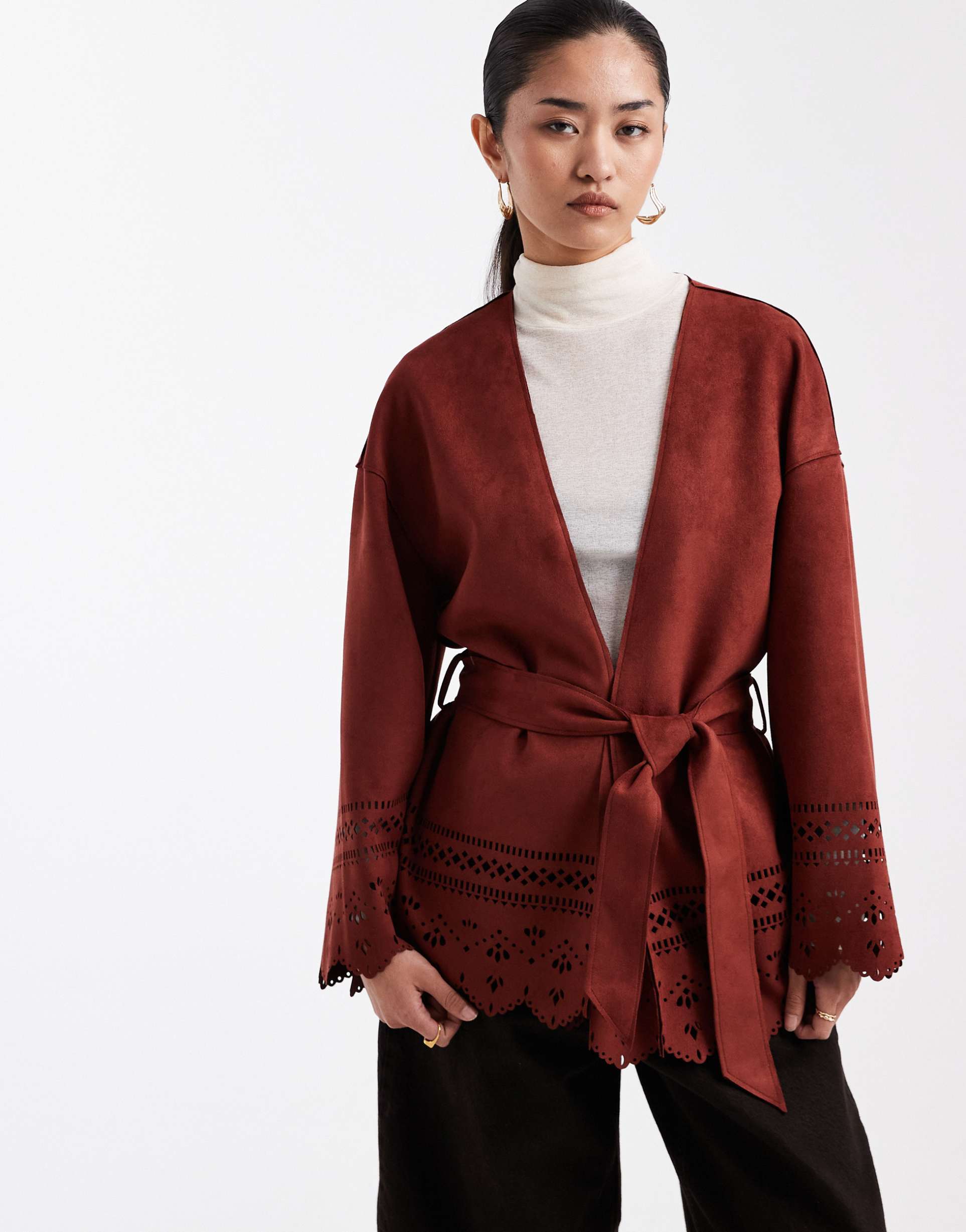 miss selfridge faux suede cutwork jacket in burgundy