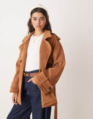 Miss Selfridge faux suede mid length trench coat in tan | ASOS