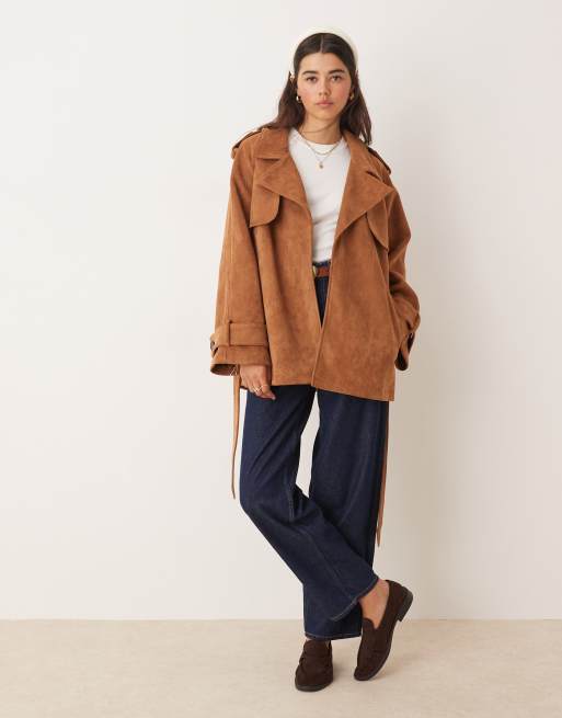 Miss Selfridge faux suede mid length trench coat in tan, 2 of 4