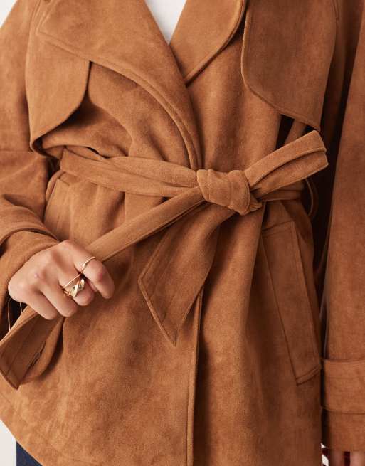 Miss Selfridge faux suede mid length trench coat in tan, 3 of 4