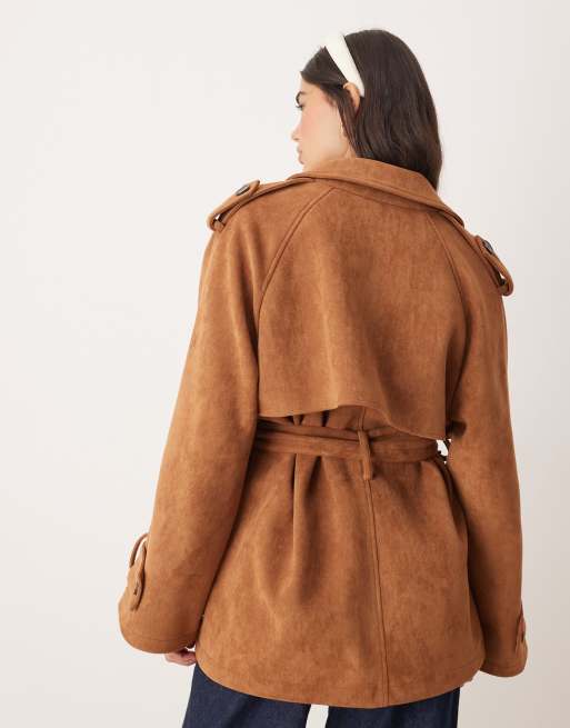 Miss Selfridge faux suede mid length trench coat in tan, 4 of 4