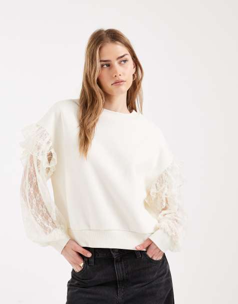 Miss Selfridge - Felpa color crema con maniche in pizzo - view 1
