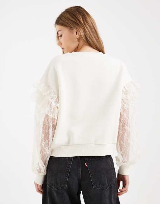 Miss Selfridge - Felpa color crema con maniche in pizzo, 2 di 4