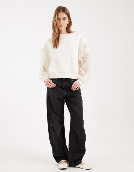 Miss Selfridge - Felpa color crema con maniche in pizzo, 3 di 4