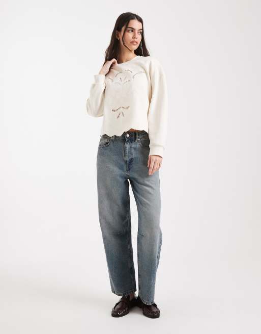 Miss Selfridge - Felpa color crema con ricamo e allacciatura laterale, 3 di 4