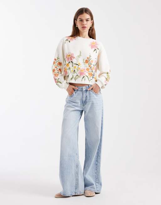 Miss Selfridge - Felpa color crema con stampa adi fiori