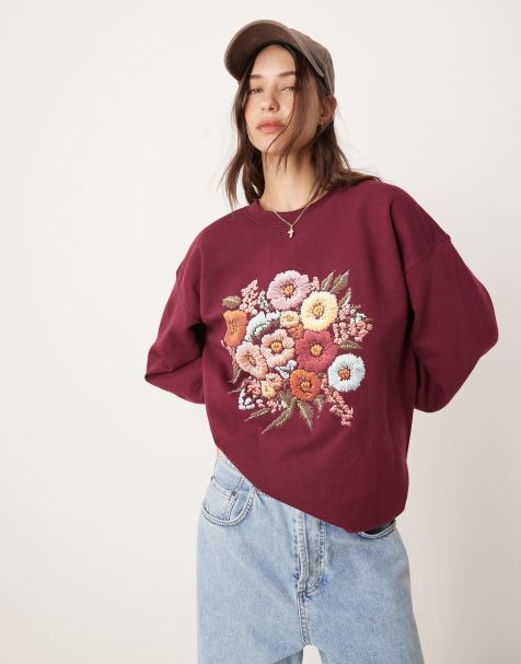 Miss Selfridge - Felpa oversize bordeaux con stampa a fiori - view 1