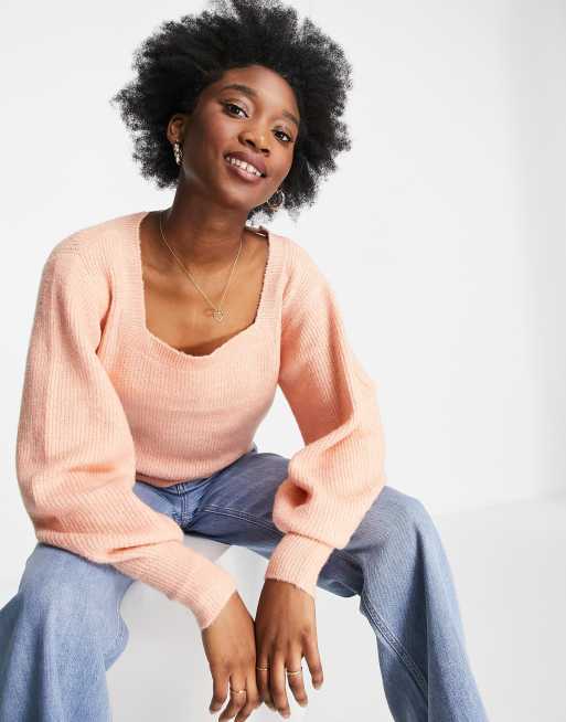 Miss Selfridge - Ferskenfarvet strikket jumper med firkantet hals og ryg i - PEACH