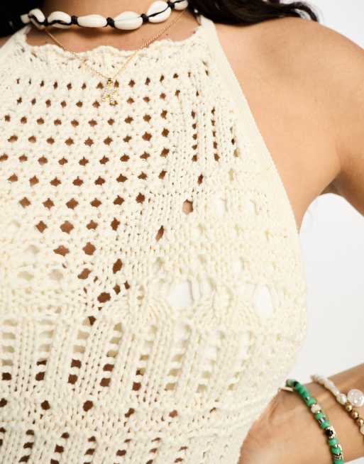 Cream Crochet Flower Detail Halterneck Beach Top