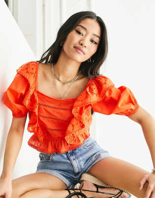 Miss Selfridge festival broderie frill detail crop top in burnt