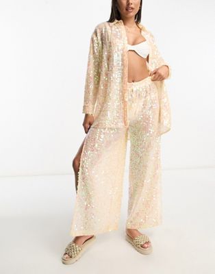 Miss Selfridge festival sequin sheer oversized shirt co-ord - ASOS Price Checker