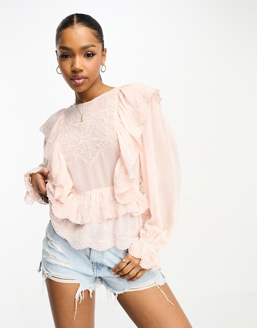 Miss Selfridge festival chiffon embroidered ruffle detail blouse in pink