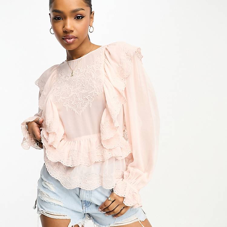 Stå sammen Smadre personale Miss Selfridge festival chiffon embroidered ruffle detail blouse in pink |  ASOS