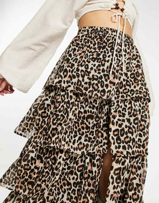 Animal print tiered 2025 chiffon midi skirt